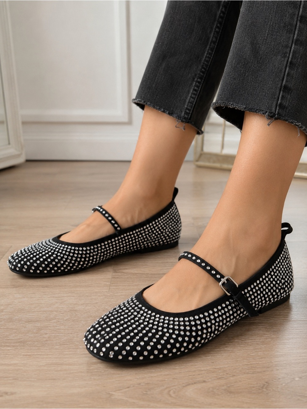 Zara Rhinestone Mary Jane Flats Black EU 35 Fits 35.5 Like New